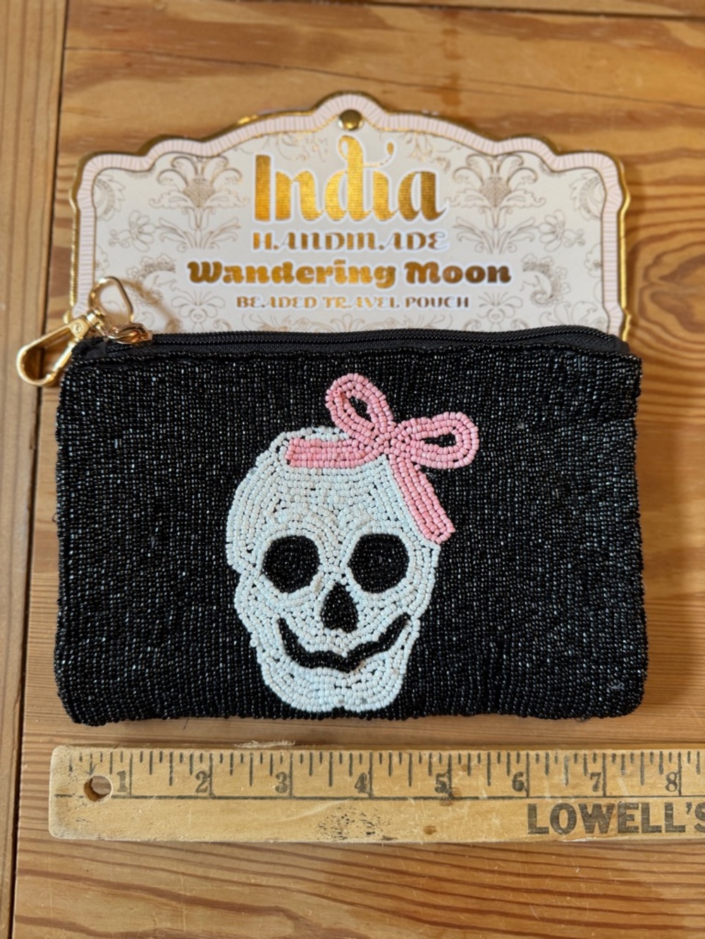 Black Beaded Skull Coin Pouch with Pink Bow